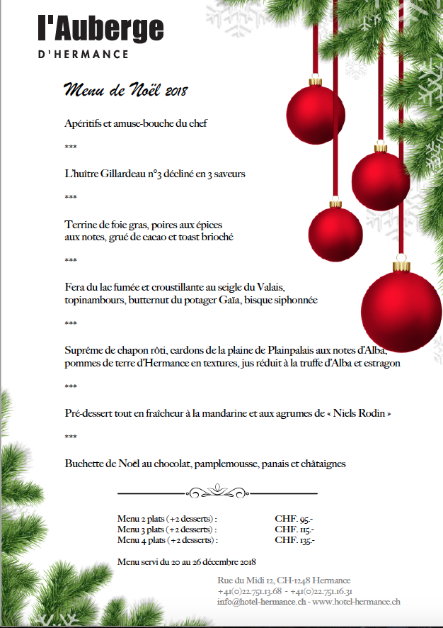 Menu de Noel 2018 - Auberge d'Hermance